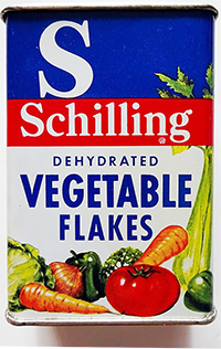Schilling Vegetable flakes, can c. 1940s
